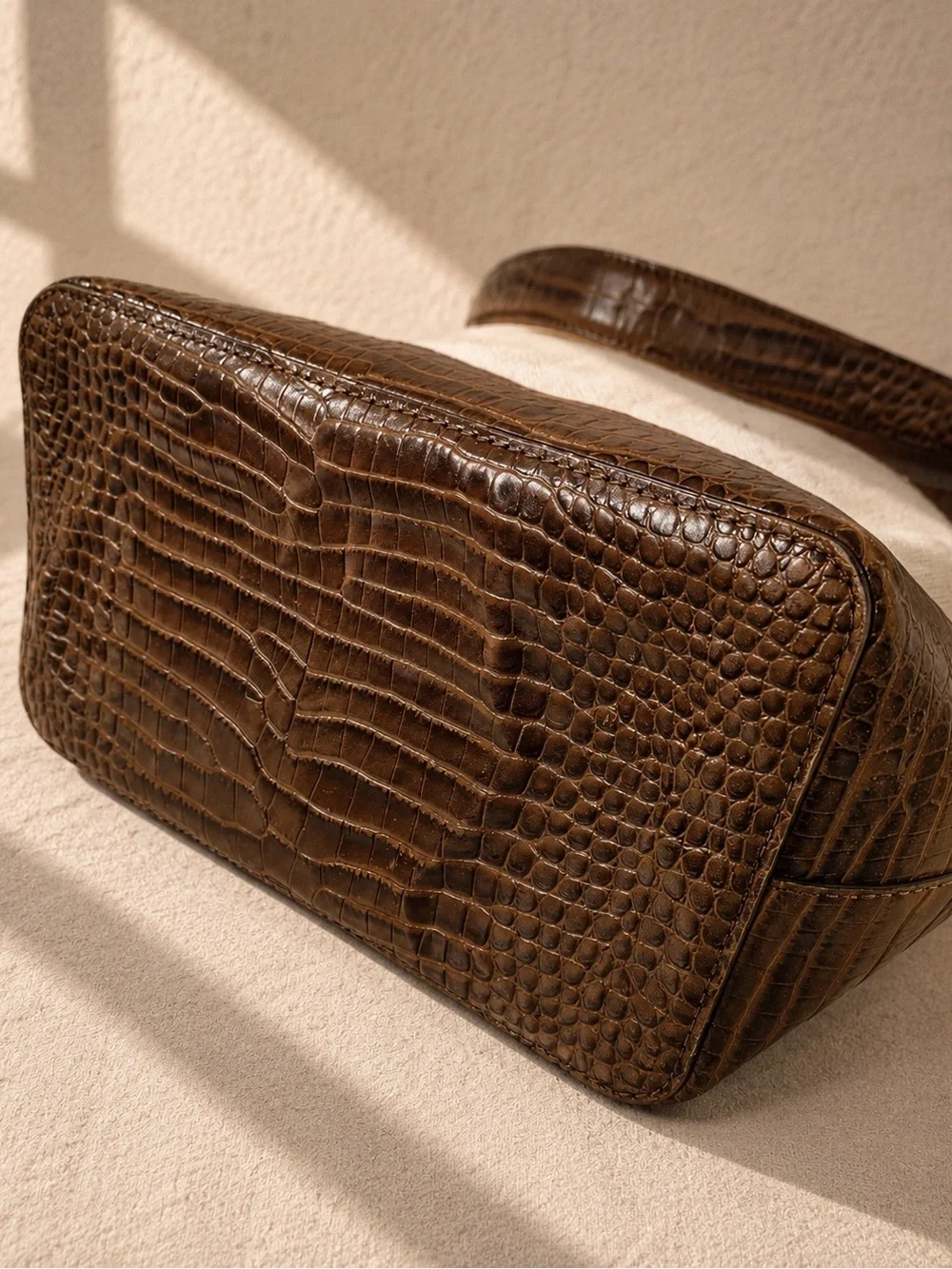Ralph Lauren Cream Canvas Croc Embossed Leather Shoulder Bag